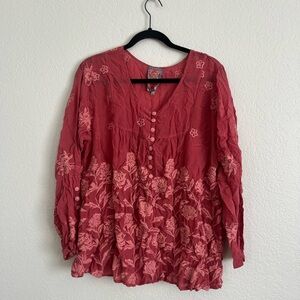 Johnny Was Large Floral Embroidered Red Women's Top